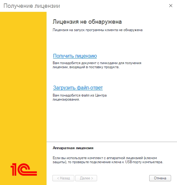 Рис. Аппаратная лицензия 1С
