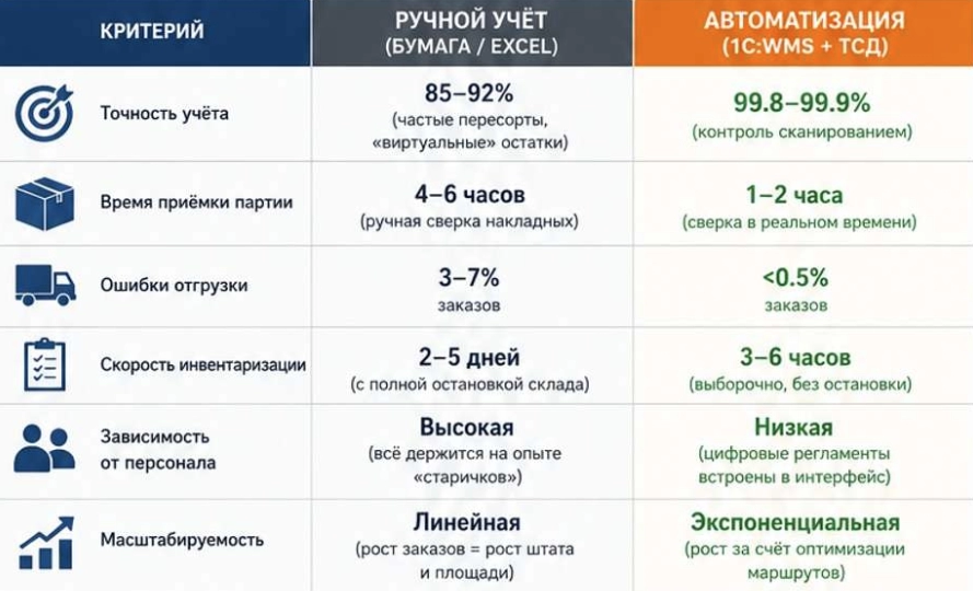 Сравнение стоимости содержания склада ручной и автоматизированного, График окупаемости автоматизации склада 1С