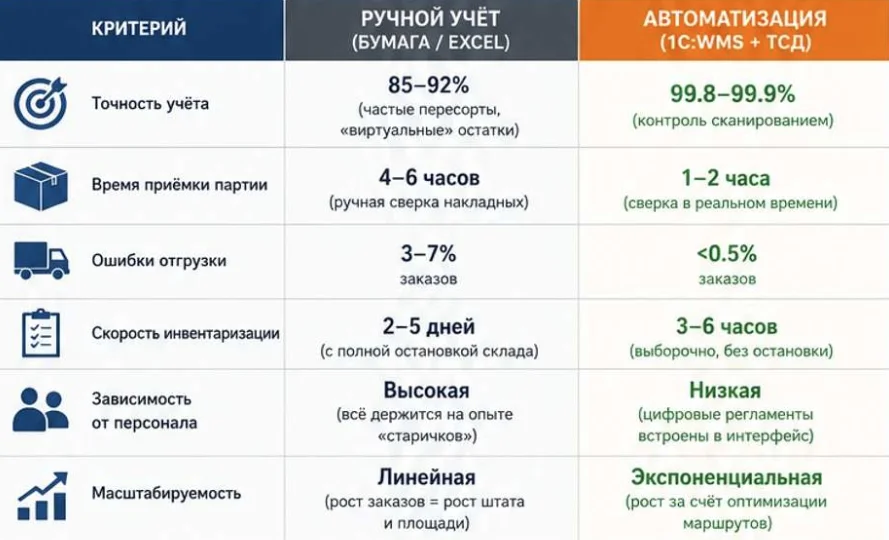 Сравнение стоимости содержания склада ручной и автоматизированного, График окупаемости автоматизации склада 1С