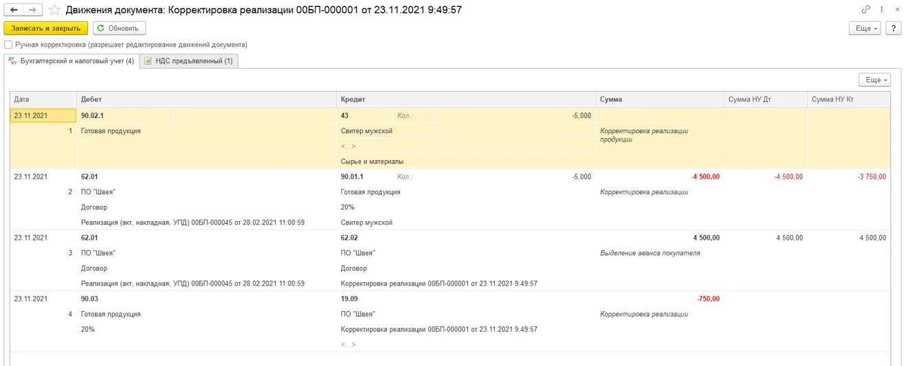 Движение документа: Корректировка реализации в 1С